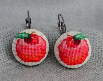 Dangle earrings Apple earrings Cross stitch jewelry Embroidered earrings Red jewelry Fruit earrings Apple jewelry Hand embroidered gift