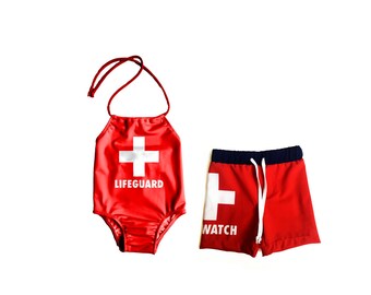 Brother and Sister matching swimsuits, pool party matching outfits, siblings matching swimsuits, red lifeguard baewatch swimsuit