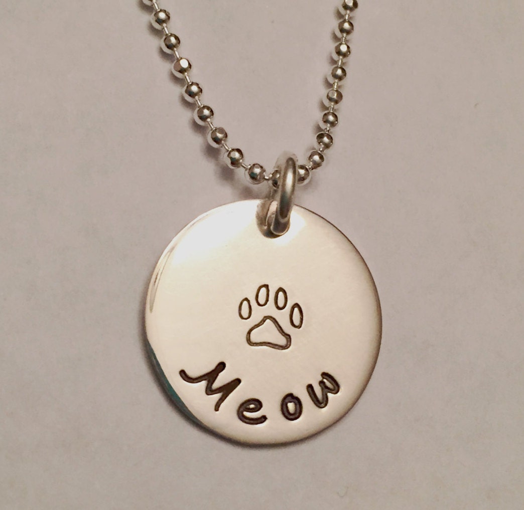 Cat Paw Print Necklace Hand Stamped Meow .925