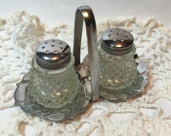 Vintage Glass Salt & Pepper Shaker Set with Metal Lids - On Metal Stand - 1960s