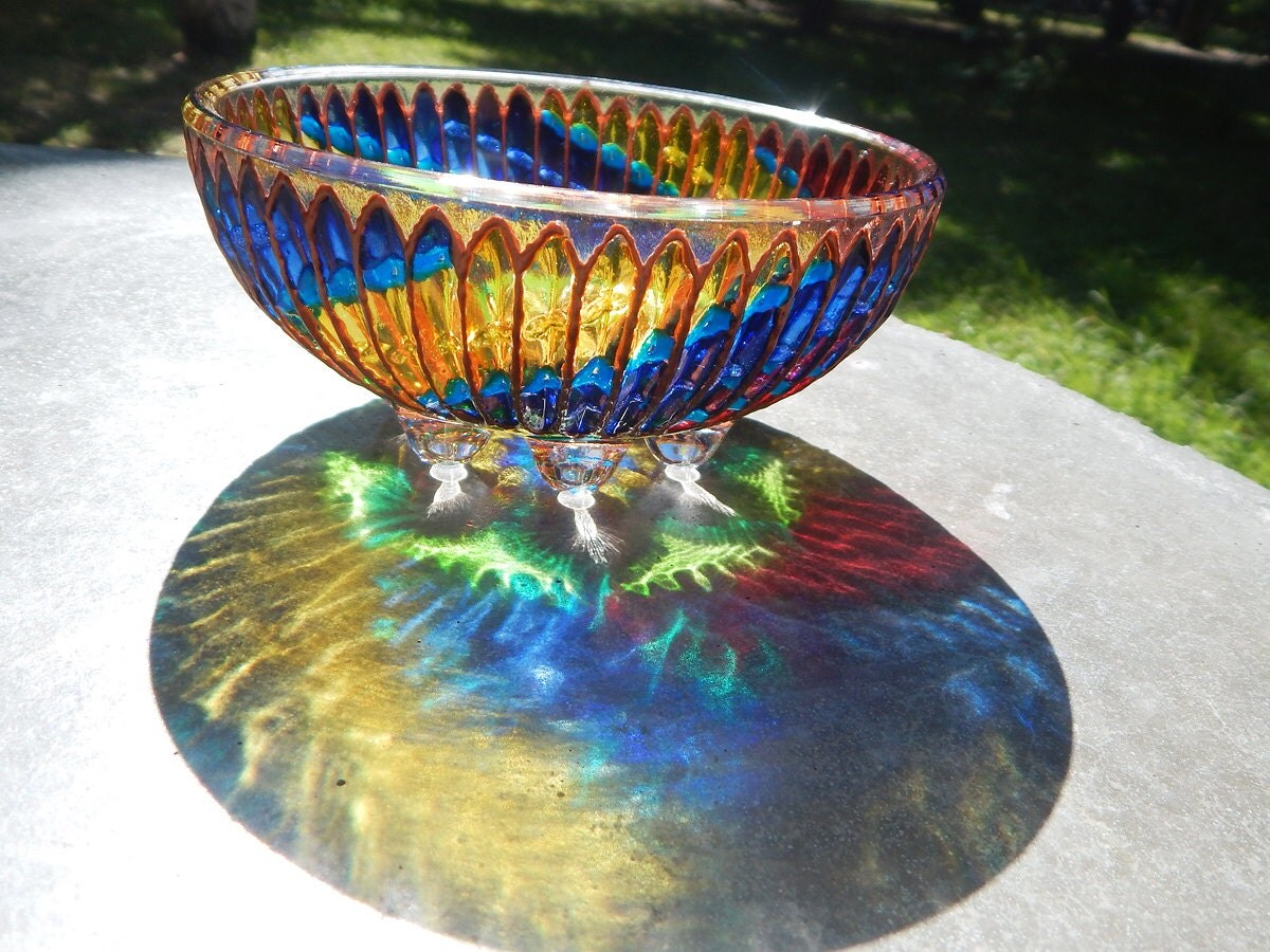 Stained GLASS salad BOWL vitrage painted candle holder for