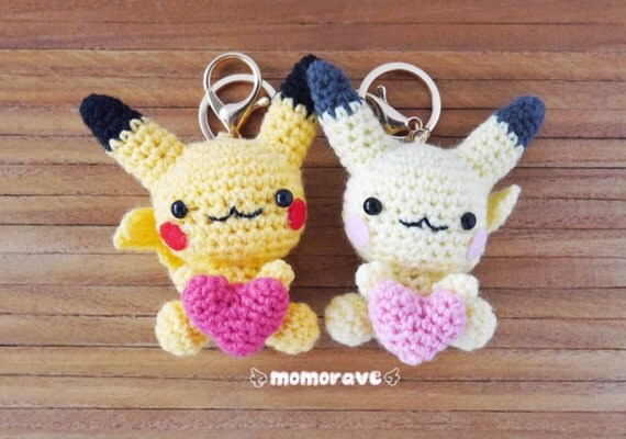 Pokemon Derpy Pikachu hakeln/Amigurumi paar Keychain Set