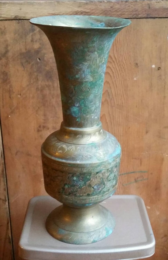 Vintage Engraved Brass Vase/ Vintage Brass Vase/ Engraved