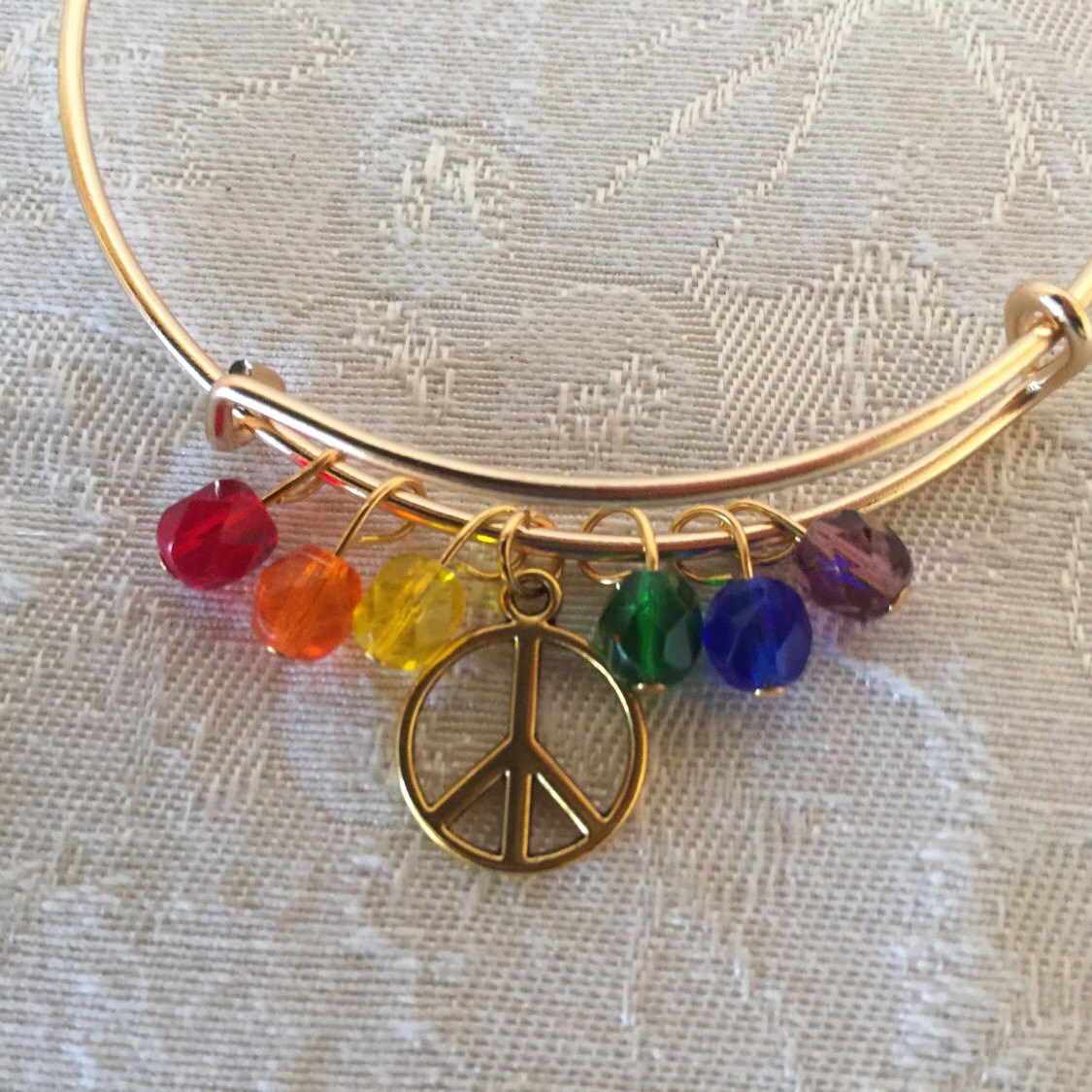 Peace Sign Charm And Crystal Adjustable Wire Bangle Bracelet