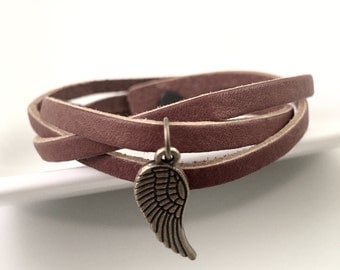 Angel wing Bracelet, wing charm with leather bracelet, Triple braided leather bracelet, Brown leather lCharm Bracelet, Gift for her
