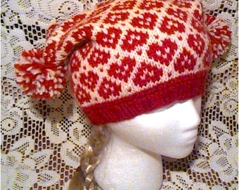 Fair Isle Red and White Hearts Square Beanie