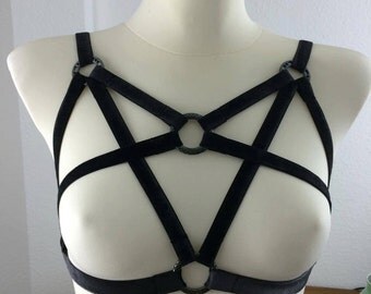 Harness elastic fetish bdsm harness bondage black Velvet and Atlas Pagan harness pole dance exotic bodycage goth cyber punk rock