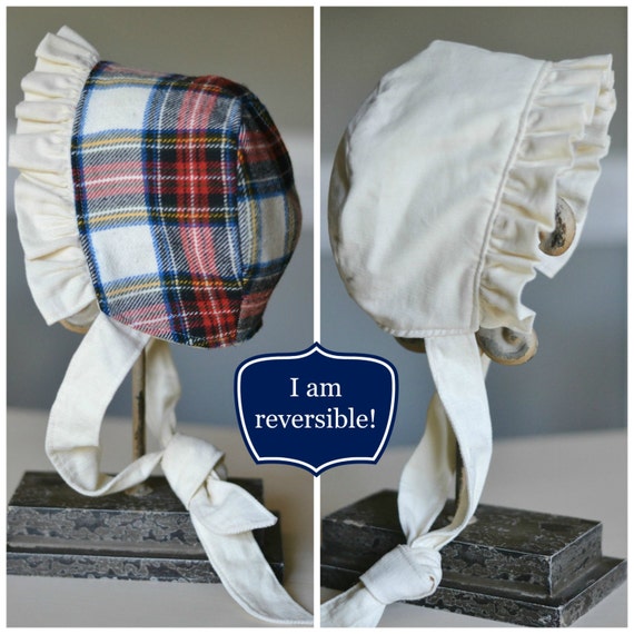 Winter White and Tartan Plaid Reversible Bonnet  by TheTipsyBunny