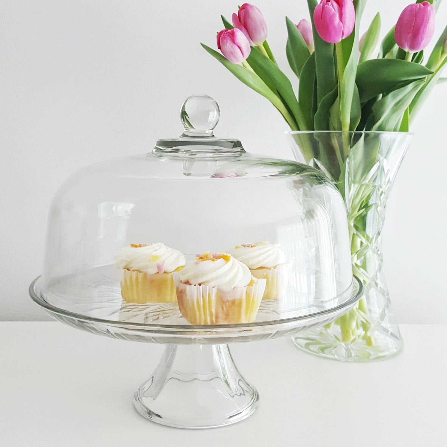 Vintage cake stand with dome cover Large glass pedestal cake.