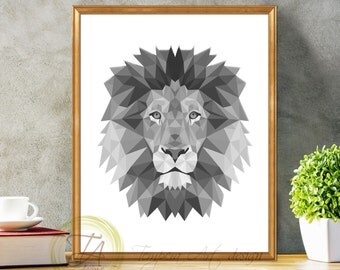 Black and White Print, Lion Tribal Art- Lion Print- Black and White Lion- Geometric Tribal Art- Polygonal Animals Black and White Lion Print