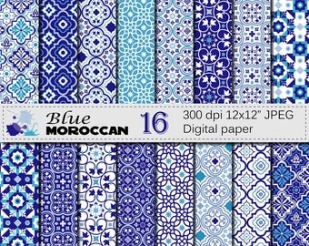 Blue Moroccan Digital Paper Set, Blue Ornamental Scrapbook Digital Papers, Ethnic, Moroccan Instant Digital Download