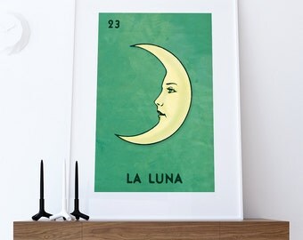 Loteria La Luna Mexican Retro Illustration Art Print Vintage Giclee on Cotton Canvas and Paper Canvas Poster Wall Decor