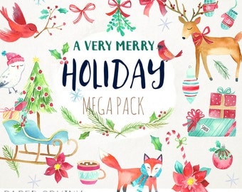 Watercolor Christmas Clipart - Holiday Clip Art Fox, Watercolor Reindeer, Chirstmas Presents and Sleigh - Instant Download PNGs
