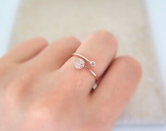 14K rose gold ring/ Delicate gold Adjustable CZ Ring / Round CZ Open ring / Dainty CZ ring / Dual Gold Ring / 14K gold ring
