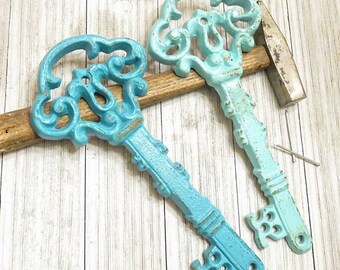 Antique Skeleton Key - Large Key Wall Decor - Home Decor - Antique Keys - Shabby Chic Wall Decor - Blue Home Decor - Key Wall Hanging