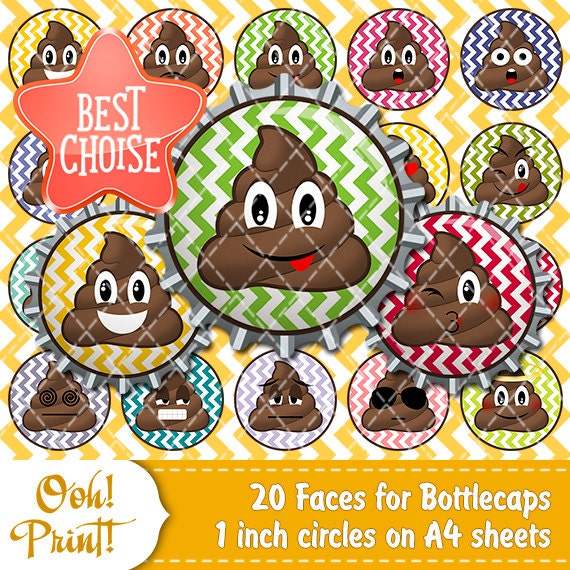20 Poop Emoji Bottlecap 1 inch round digital ClipArt Poo Emoji