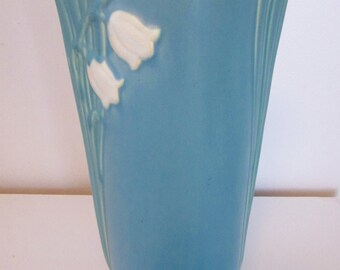Vintage Weller Blue Vase Lily of the Valley 1930s 1940s art pottery