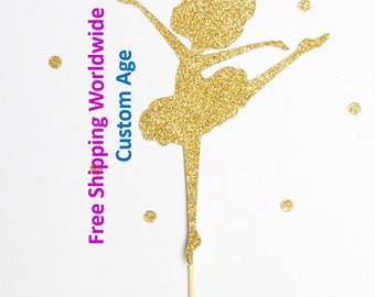 Gold Glitter Ballerina Cake Topper personalised with age - Birthday, Baby shower, Ballerina Party