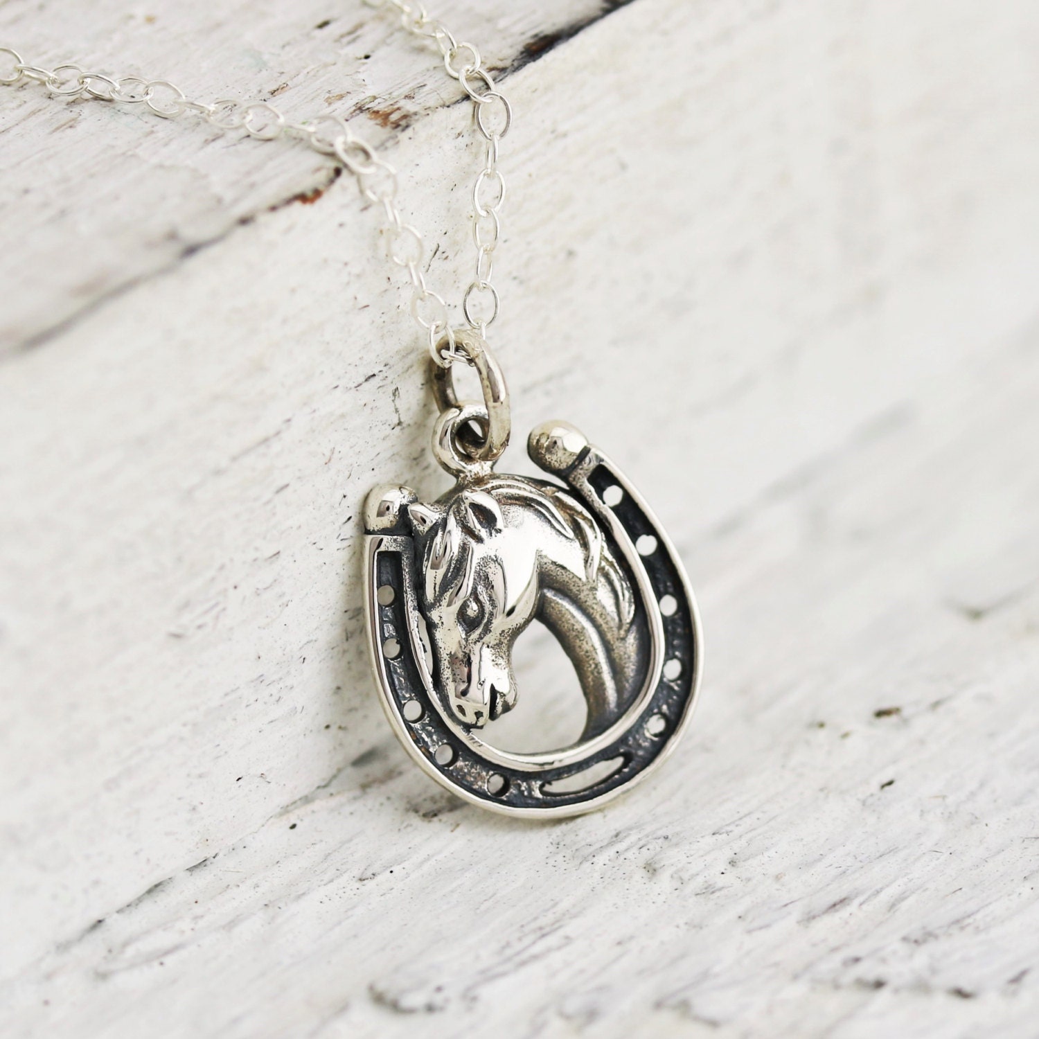 Horse Necklace Sterling Silver Lucky Horse in Horseshoe