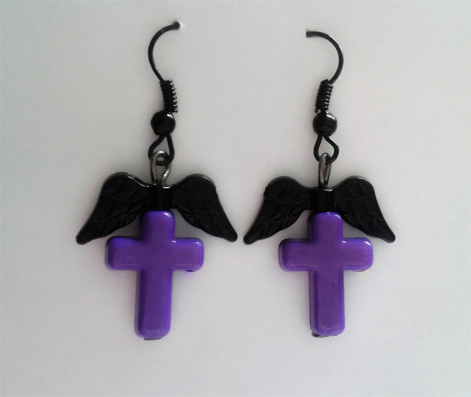 Purple Cross Pastel Goth Earrings with Black Wings. Dark