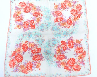 Vintage 1940s Handkerchief...Floral Wreath Hankie...Bold, vibrant colors!...Square cotton hankie trimmed in pink