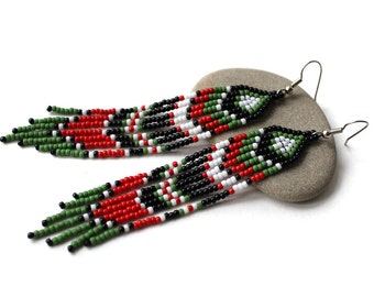 Long ethnic earrings Colorful earrings Long beaded earrings Seed bead earrings Long dangle earrings Fringe beaded earrings Ethnic jewelry