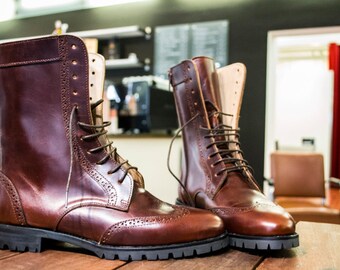 Women Handmade Combat Ankle Leather Boots in Chocolate Brown Leather. Handmade Leather Boots