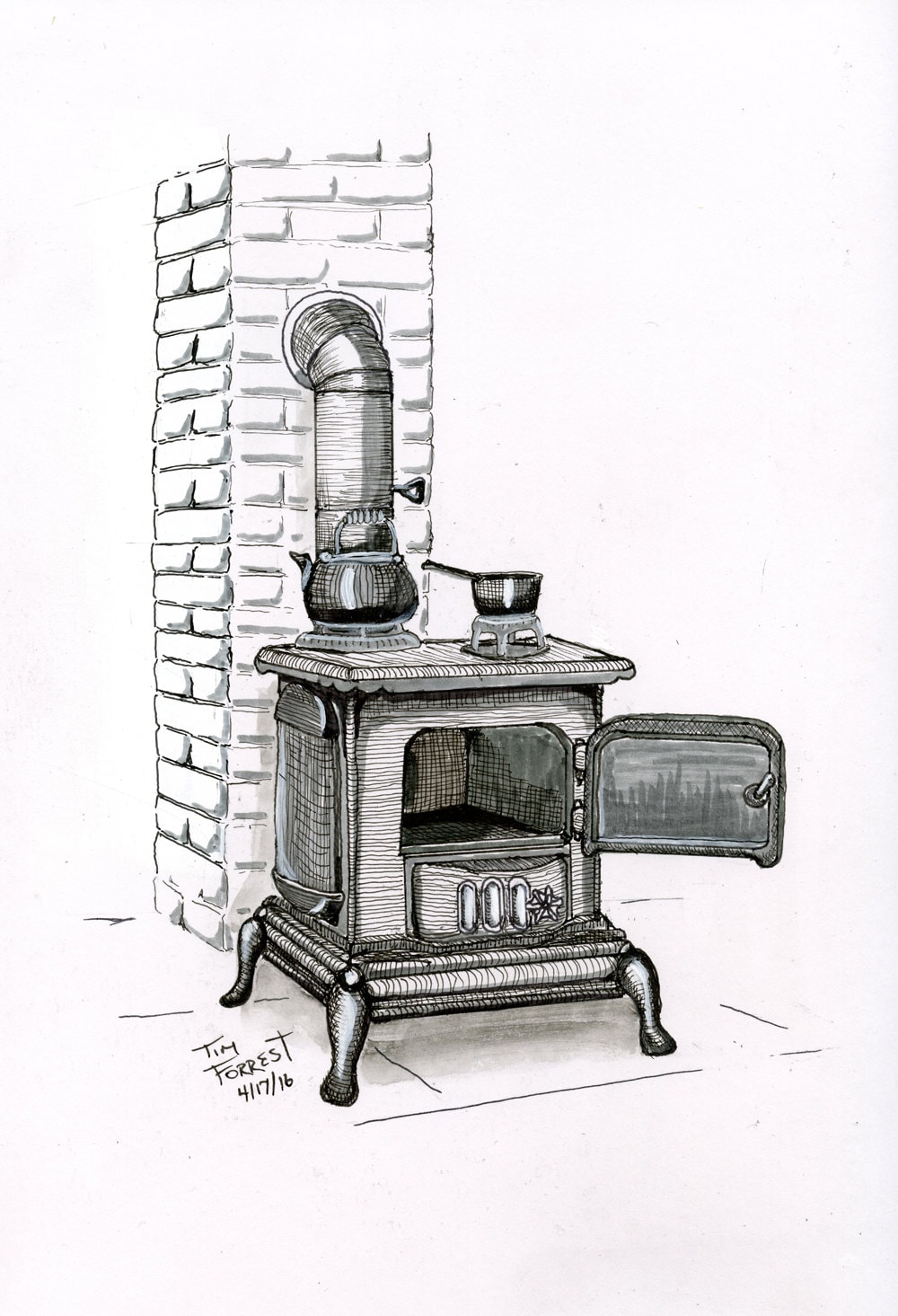 Empty wood stove original drawing