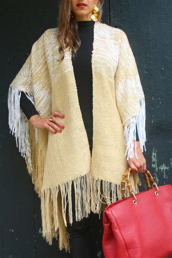 Colombian Ruana Cape Handmade Handloom Handwoven Cotton Silk