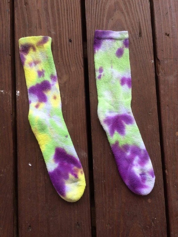 Green yellow and purple tie dyed socks