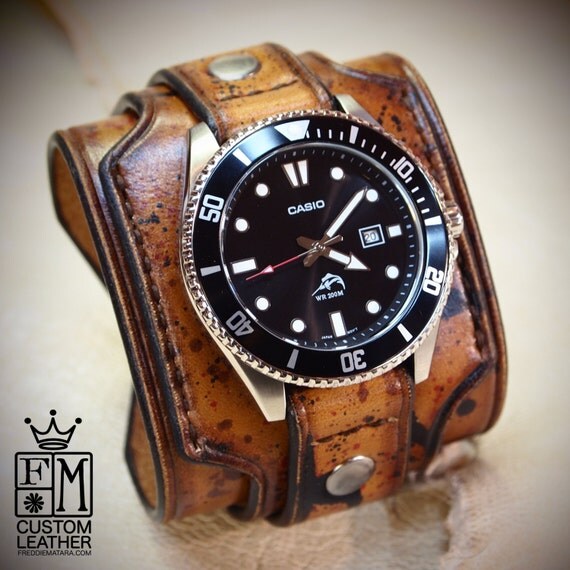 Brown Leather cuff watch Casio diver Wide layered wristband Distressed destroyed finish bracelet made for YOU in NYC by Freddie Matara!