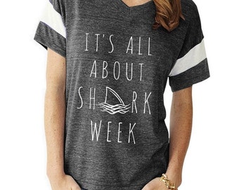 It's All About Shark Week boho slouchy Powder Puff t shirt tshirt screenprint ladies scoop top