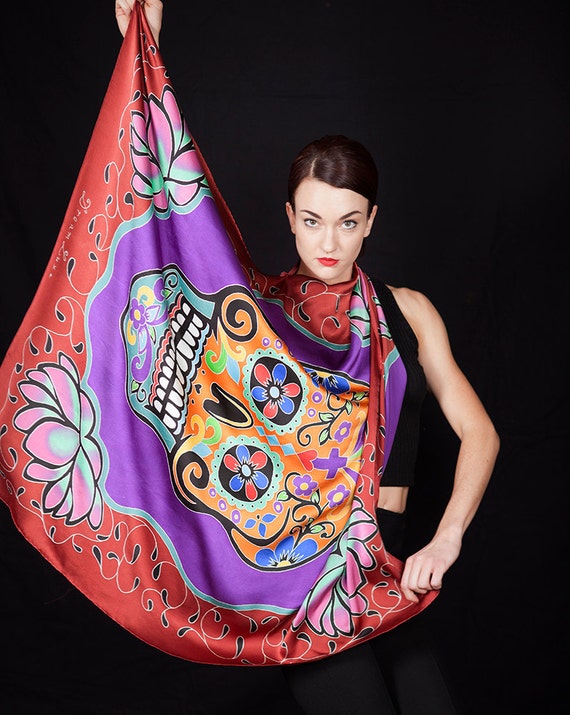 Hand Painted Silk Scarf with Day of the dead, dia de los muertos skull. Batik painted square scarf. Painted on Charmeuse Silk. 37 in x 43 in