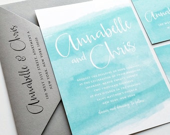 Annabelle Aqua Watercolor Beach Wedding Invitation Sample - Modern Calligraphy Script Destination Spring or Summer Blue Invitation
