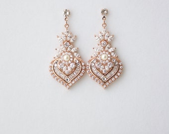 Rose Gold Earrings Bridal Earrings Rose Gold Crystal Earrings Pearl Wedding Earrings Vintage Wedding Jewelry EVIE DROP