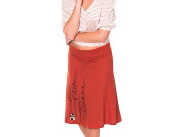Mothers day gift, Plus Size Skirt, Midi skirt, A-line skirt Knee length skirt, Plus size Burnt orange skirt, Applique skirt - Little house