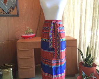 Vintage 60s Hawaiian Honeymoon Polynesian Tribal Print Maxi Skirt