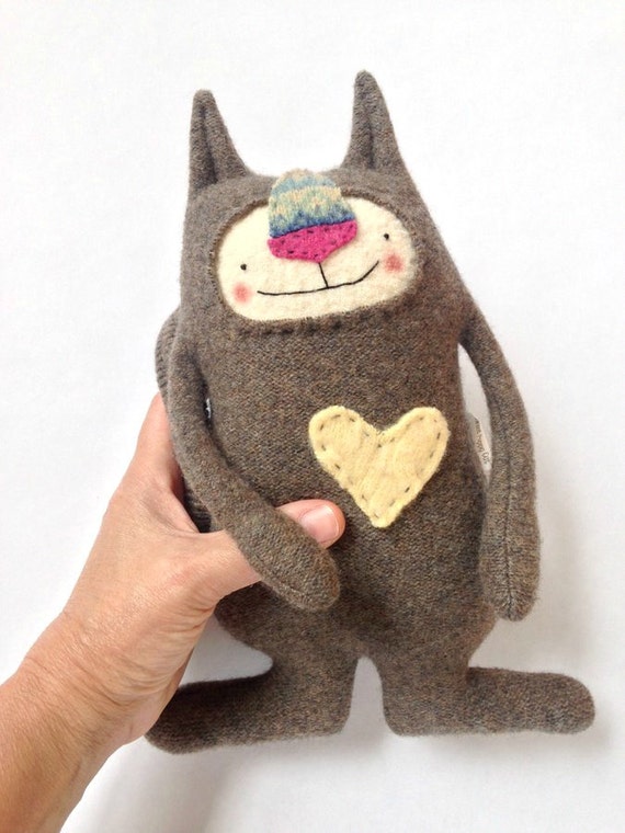 Brown Heathered Stuffed Animal Cat Upcycled Repurposed Sweater