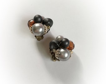 Vintage Cluster Bead Earrings Clip On Japan Faceted Pearlescent
