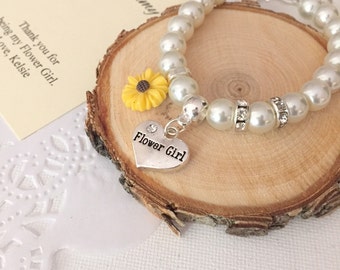Flower Girl, bracelet, adjustable, sunflower, glass pearl, personalized, bracelet. Comes with FREE card and organza bag.