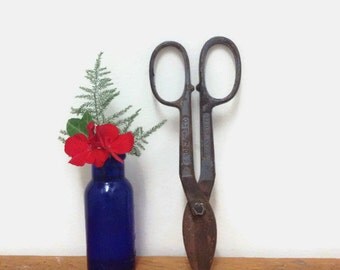 Vintage Blue Tin Snips - Rustic Industrial Farmhouse - Drop Forged Solid Steel - Large Scissors