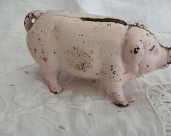 1920s Antique Cast Iron Piggy Bank Chippy Pink Paint Adorable Antique