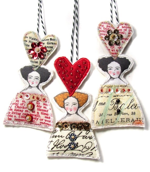 Valentine Doll Head Ornaments With Hearts Flat Fabric Art Doll