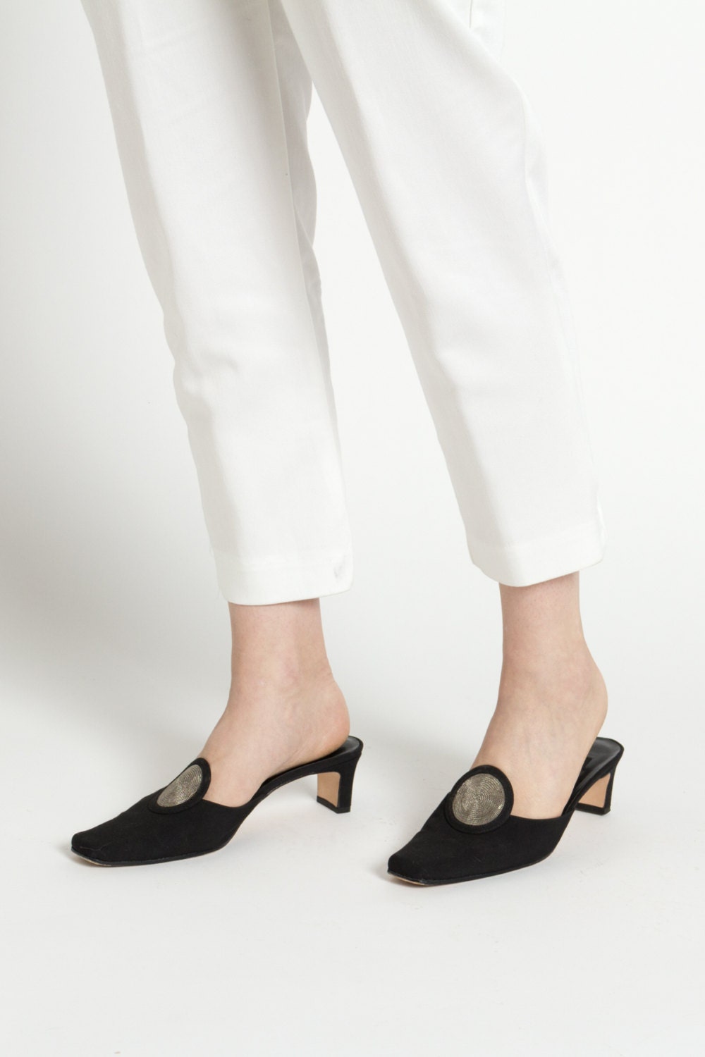 black pointed toe mule heels