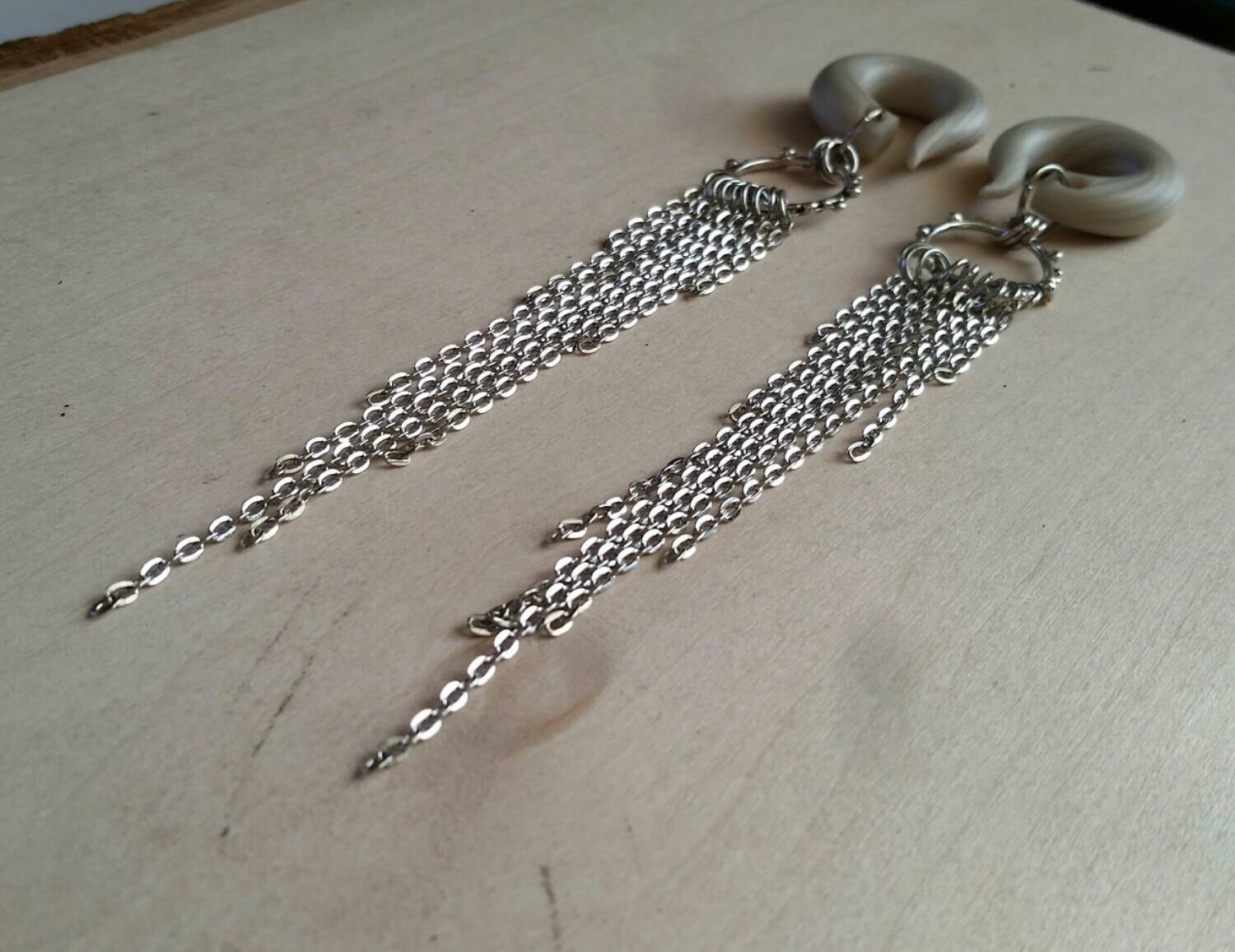 Liquid Silver Gauged Earring Plugs with Silver Chain Fringe