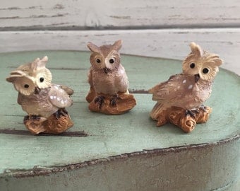 Mini Owl Figurines, 3 Piece Set, Fairy Garden Accessory, Miniature Garden Decor, Topper, Shelf Sitter, Mini Owls