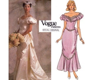80s Wedding Dress Pattern Vogue Bridal Original 1828 Gown with Train or Ankle Length Flounce Draping Puff Sleeves Size 12 Bust 34 inches