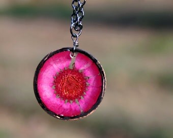 Hot Pink Daisy Necklace, Real Flower Necklace, Pink Chrysanthemum, Botanical Jewelry, Pressed Flower Jewelry