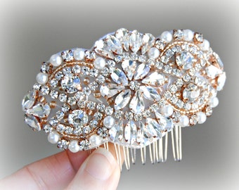 Rose Gold Hair Comb, Crystal and Pearl Wedding Comb, Rhinestone Bridal Comb, Gold, Silver - AMELIE COMB