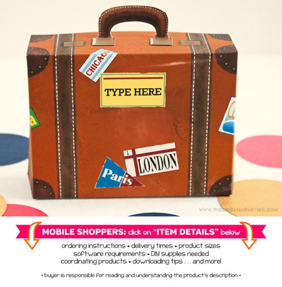 Vintage Suitcase Favor Box - Small with Yellow Label : Print at Home Full-Color Template | Luggage Box | DIY Printable - Instant Download Il_570xn